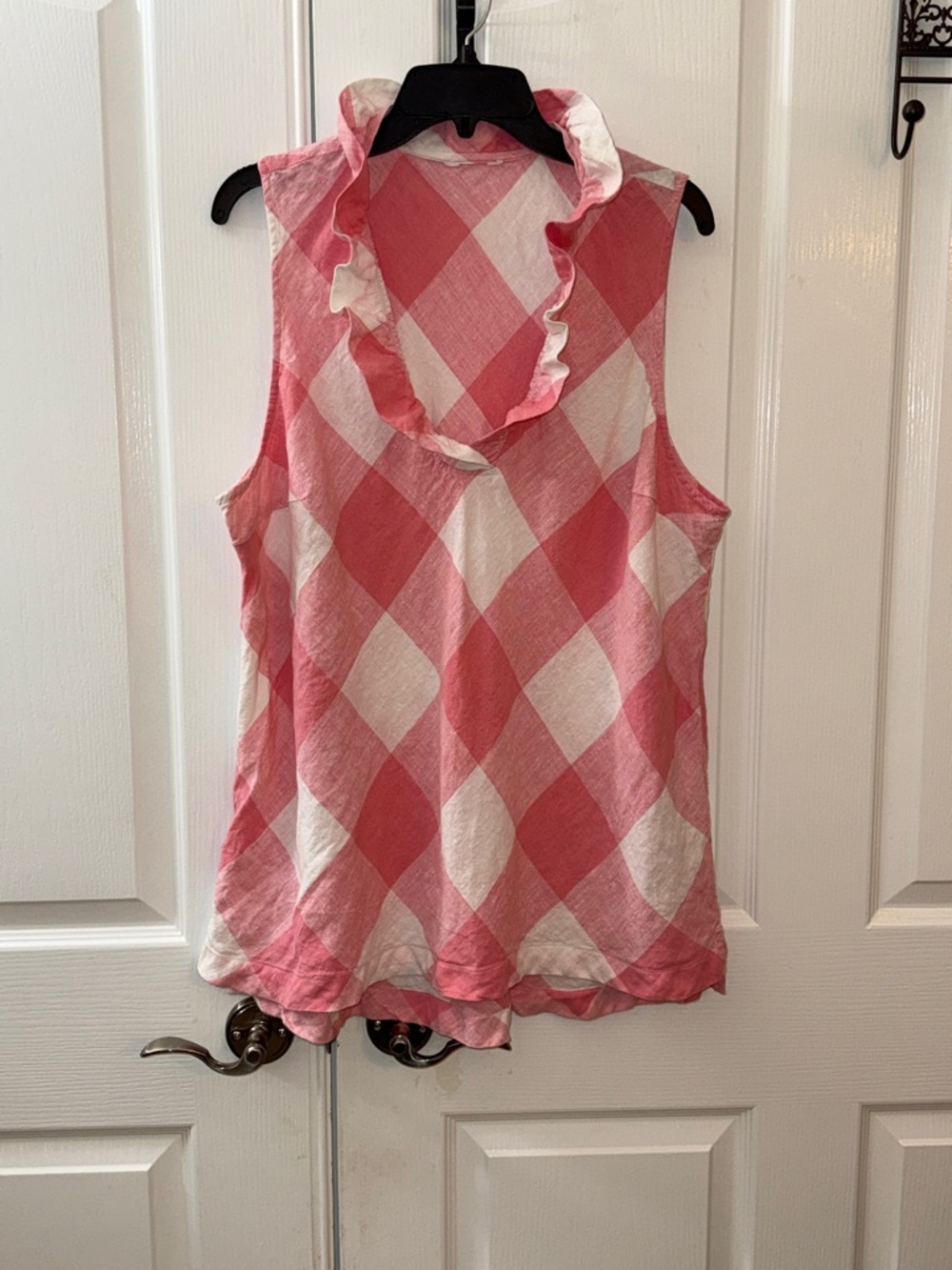 Pink/ White loose fitting Sleeveless Ruffle V neck 100% Linen Top